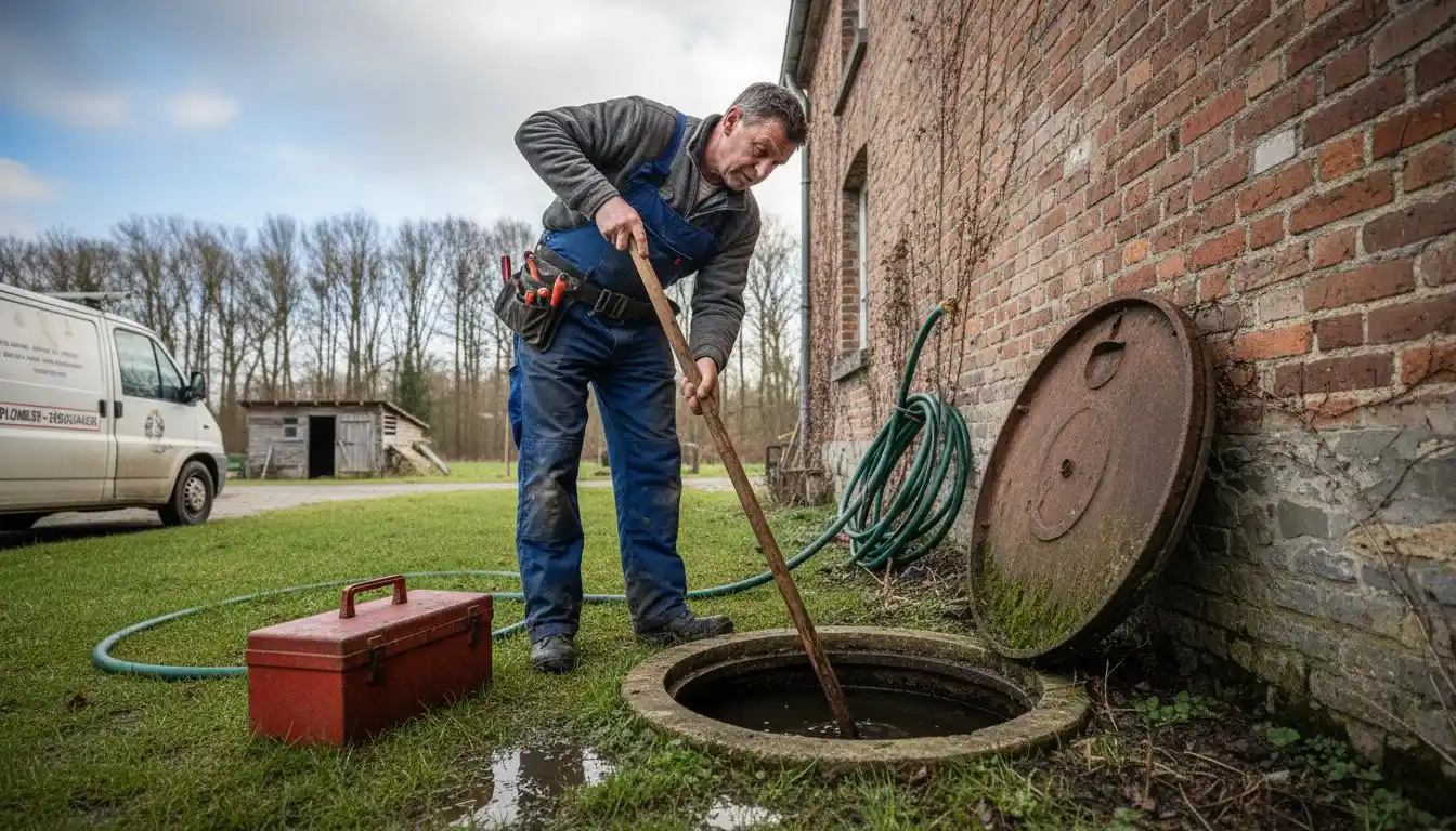 Un plombier effectue un contrôle de l'installation septique chez un particulier.