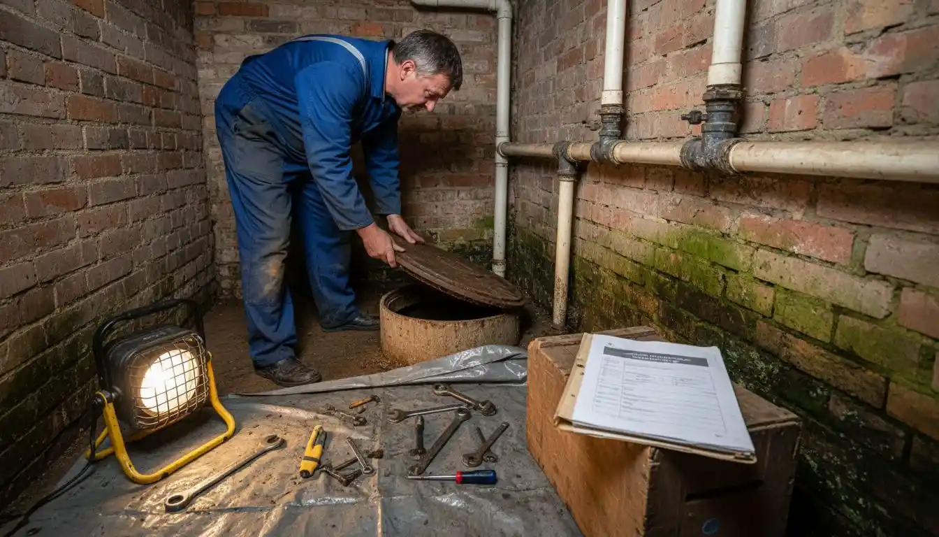 Un technicien se prépare à contrôler l’état de la fosse septique.