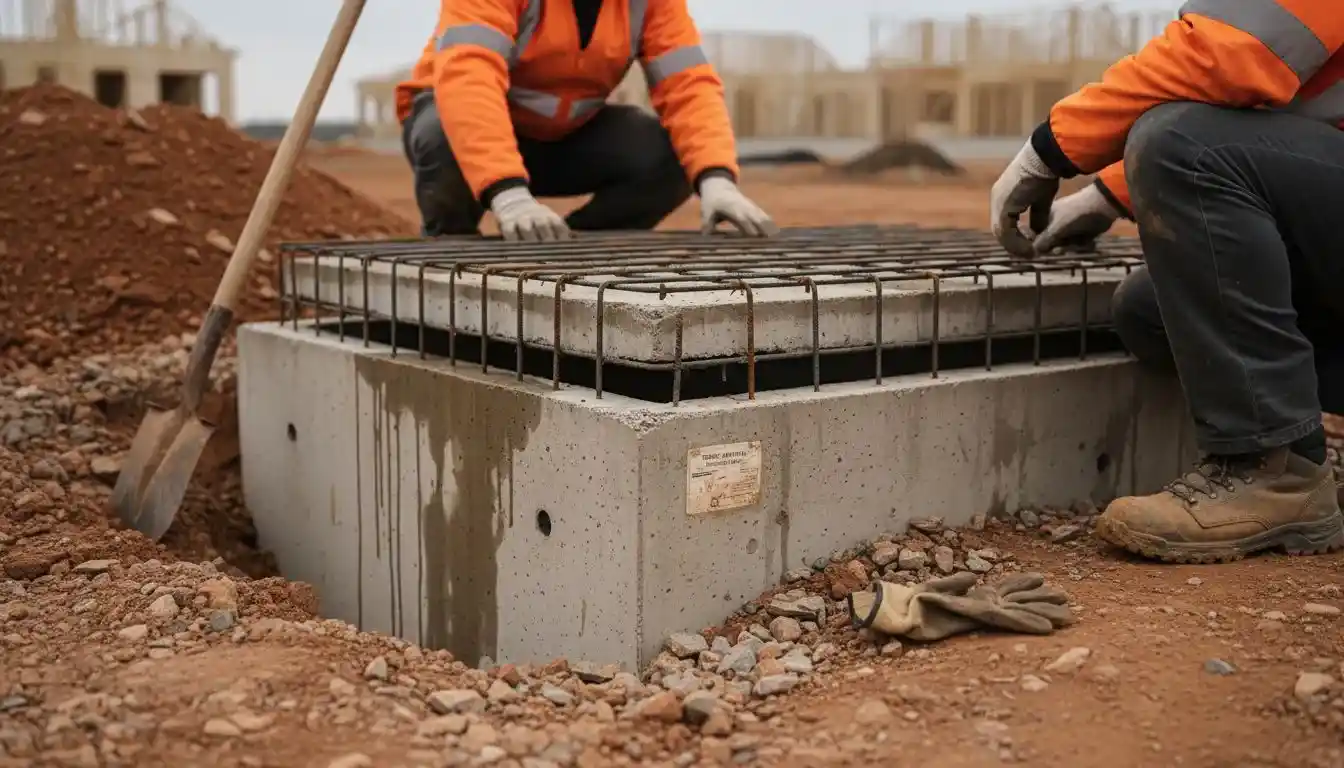 Des ouvriers inspectent une fosse septique en béton sur le chantier.