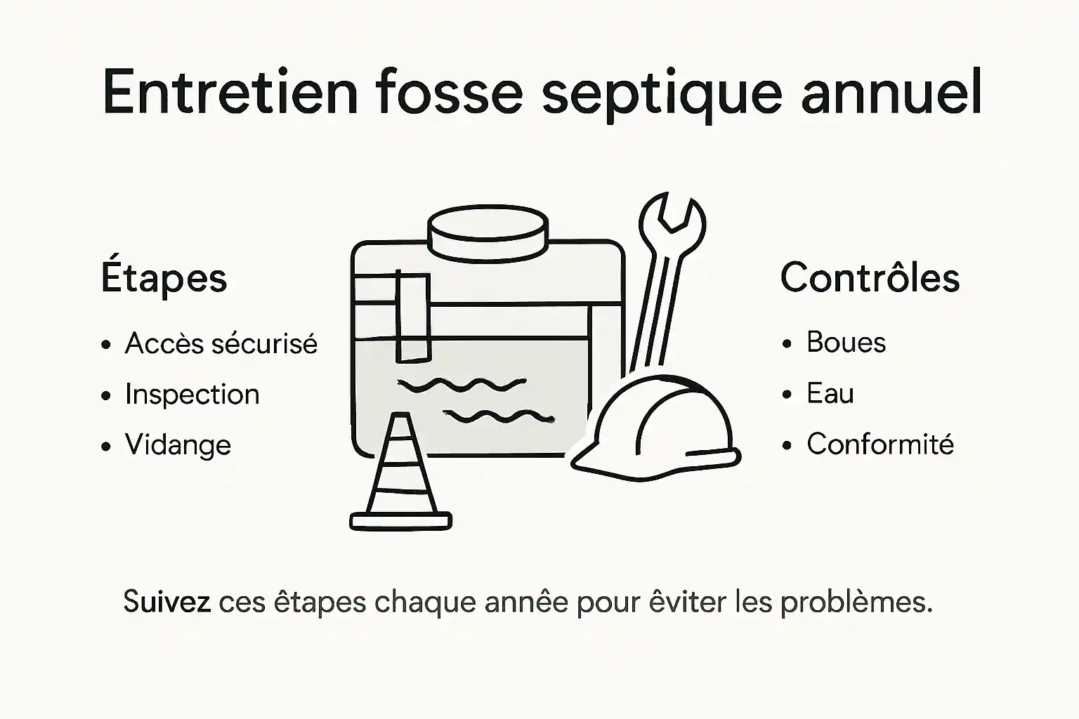 Visuel explicatif : les différentes étapes et points de contrôle pour l’entretien de votre fosse septique