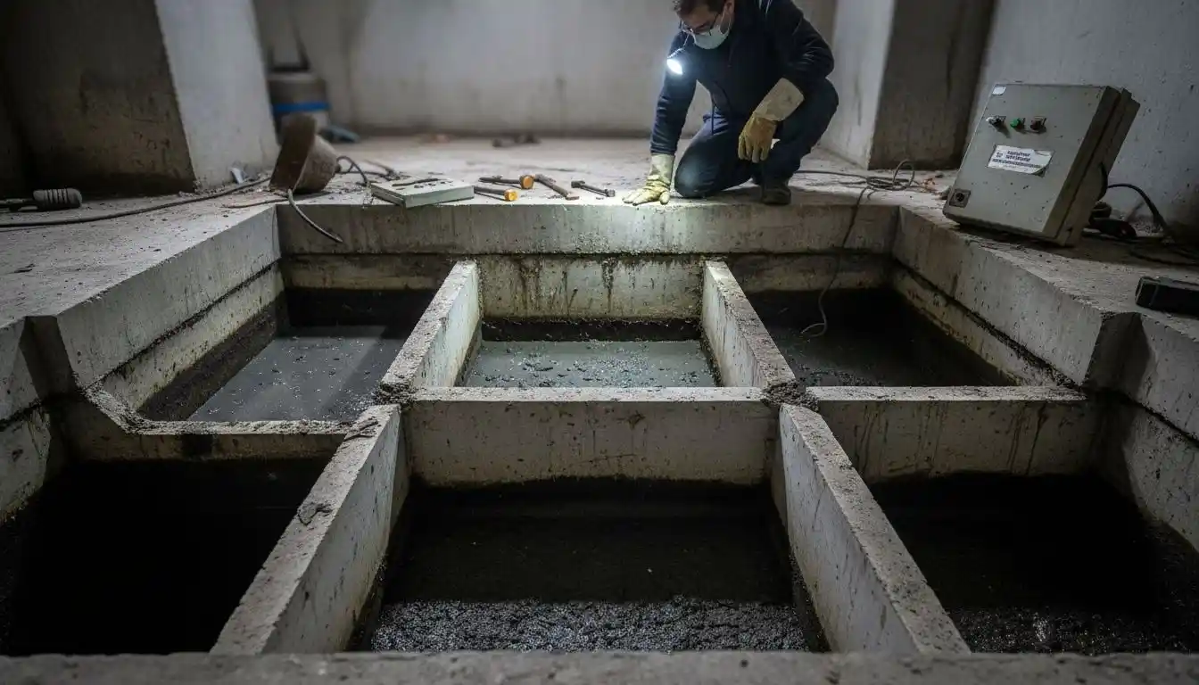 Schéma en coupe des différents compartiments d'une fosse septique déjà installée