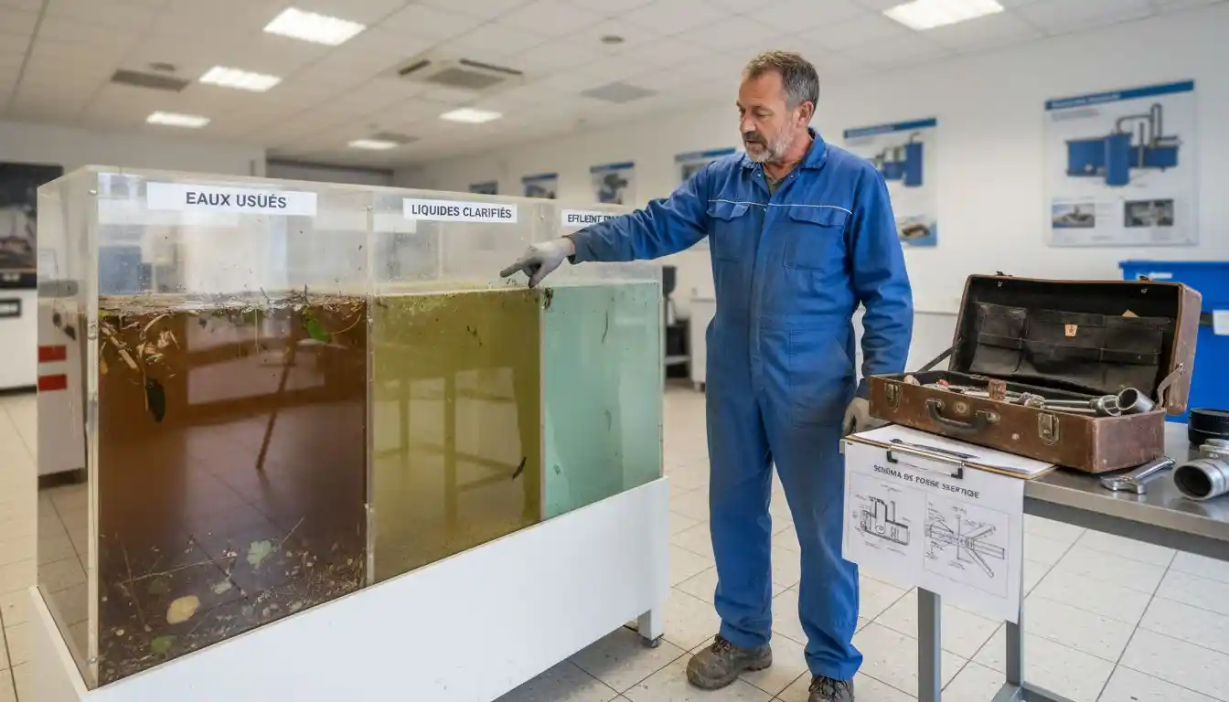 Un technicien présente le fonctionnement d’une fosse septique à l’aide d’un modèle explicatif.