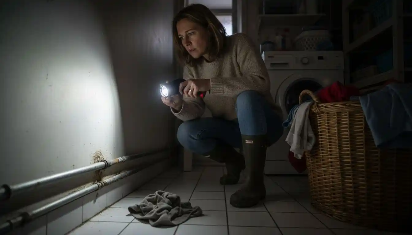 Une femme examine l’état d’entartrage sur une conduite d’eau.