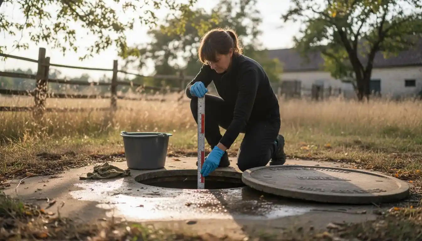 Une femme procède à l’inspection de la fosse septique ouverte, vérifiant l’état des boues à l’intérieur.