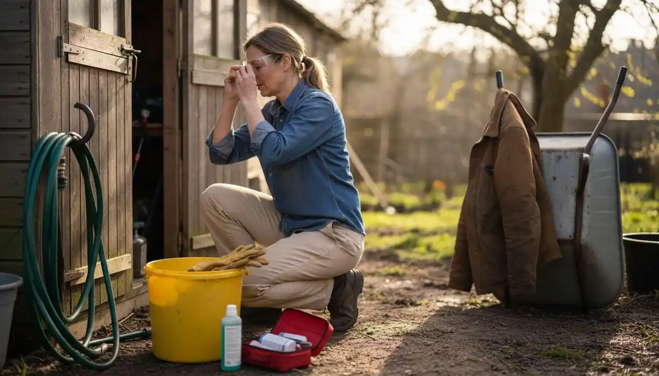 Une femme s'apprête à rassembler le matériel nécessaire pour effectuer la vidange d'une fosse.