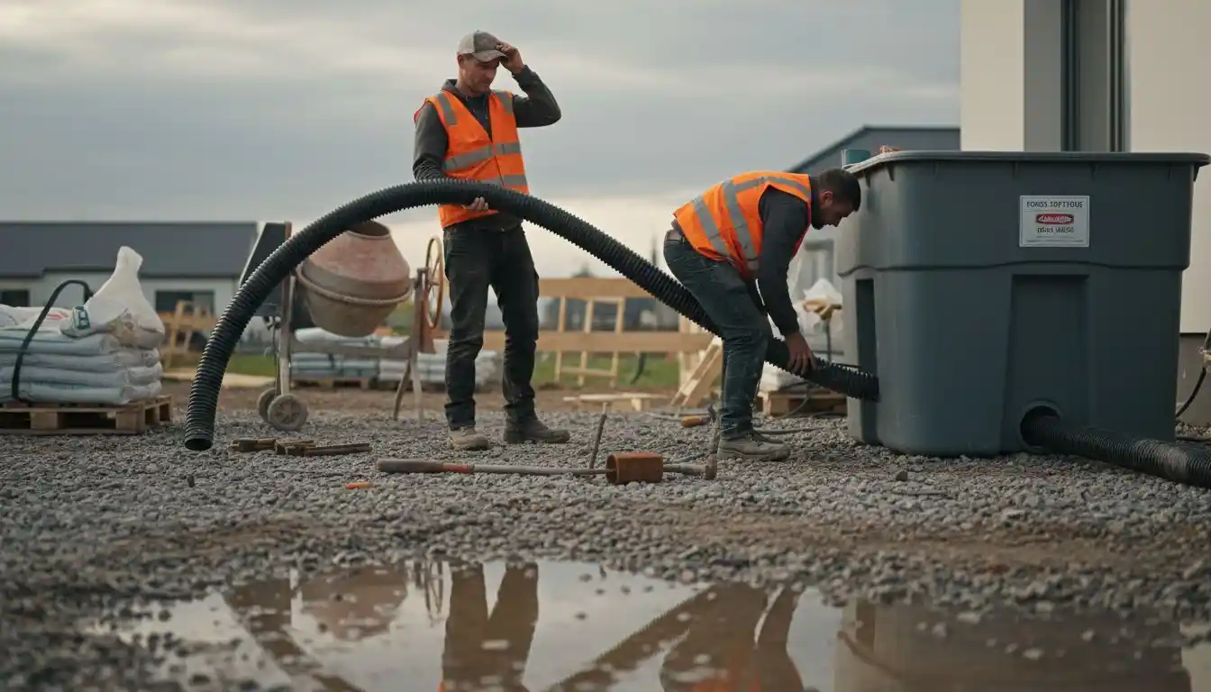 Des ouvriers procèdent à la pose d’une canalisation de fosse septique en surface.
