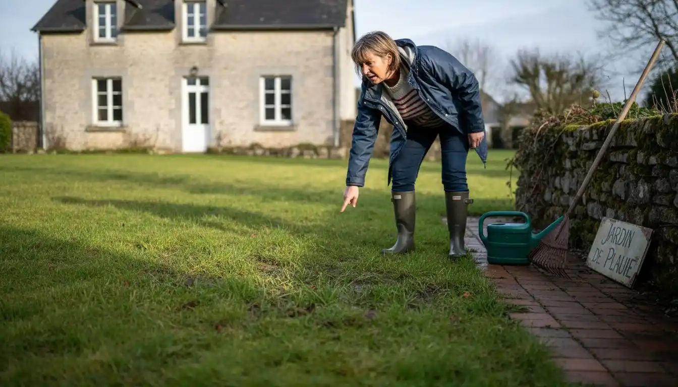 Propriétaire examinant une zone humide autour de sa fosse septique