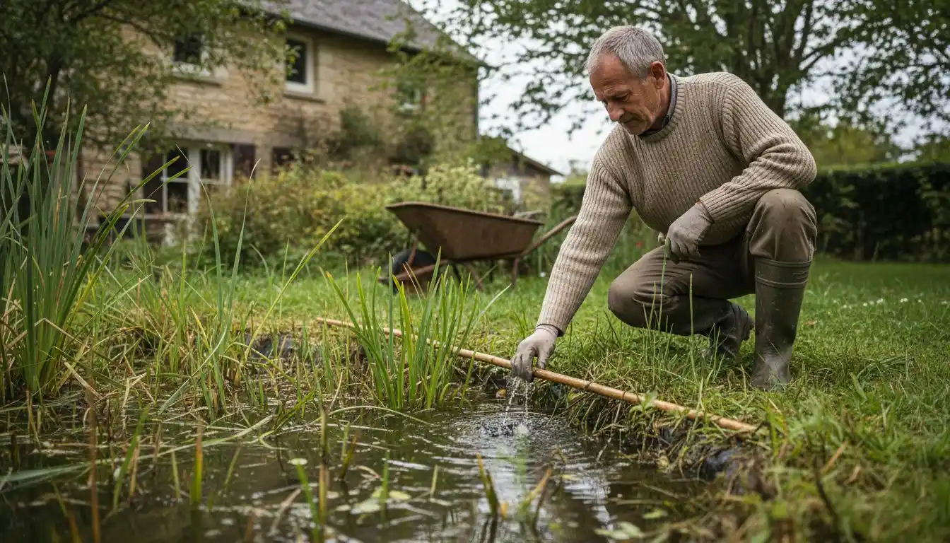 Un jardinier prend soin d’un bassin de filtration naturelle par les plantes.