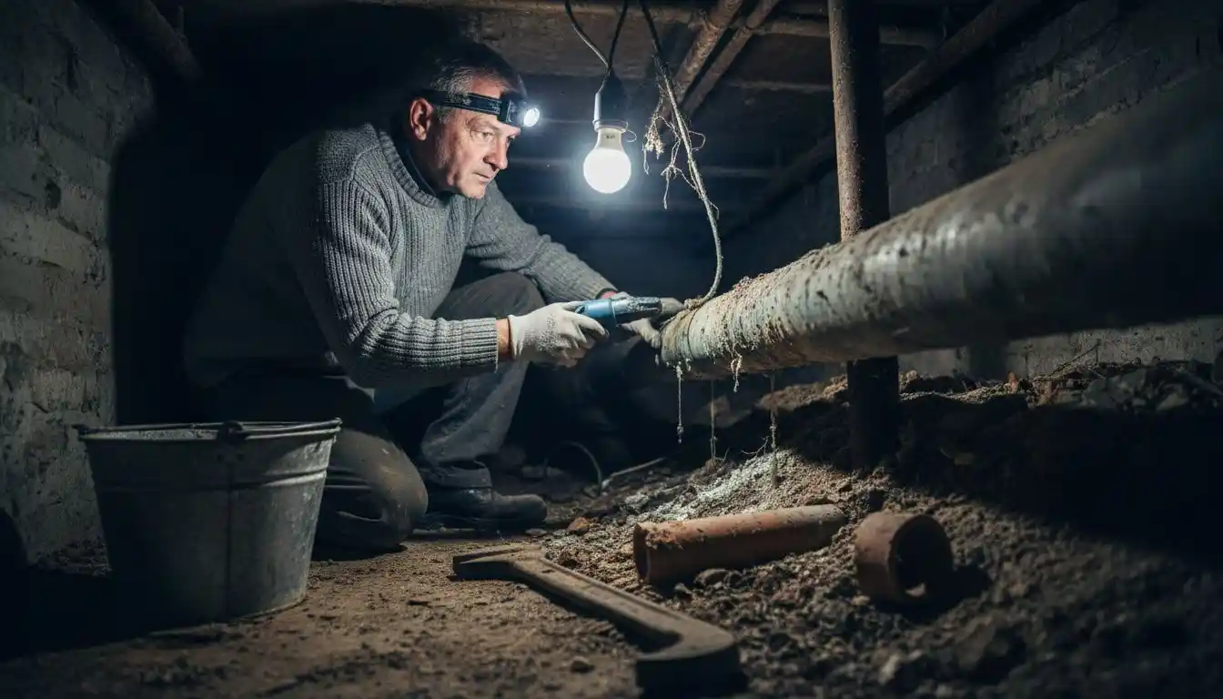 Un plombier examine l’état des anciennes canalisations en plomb dans la cave.