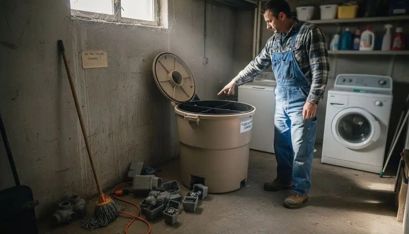 Un plombier présente l’intérieur d’une micro-station d’épuration compacte.