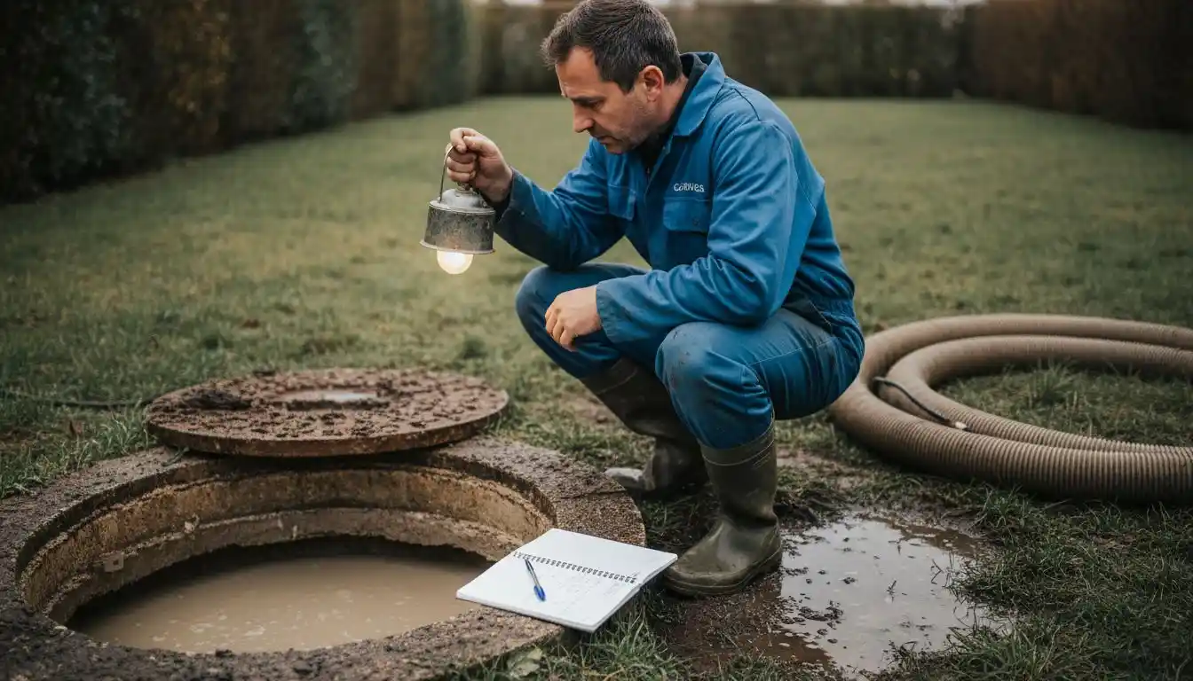 Un professionnel contrôle l’état des boues dans une fosse septique.