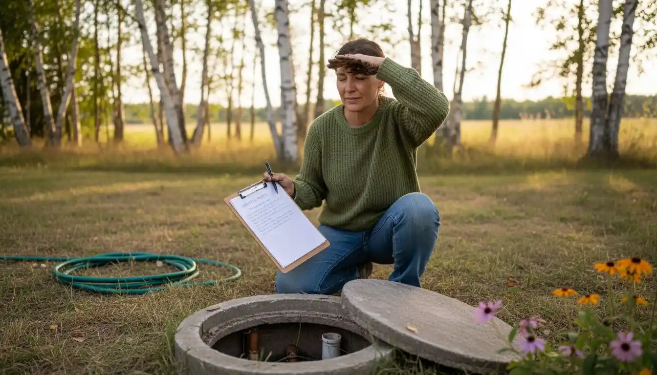 Un propriétaire examine le regard d’inspection de sa fosse septique.