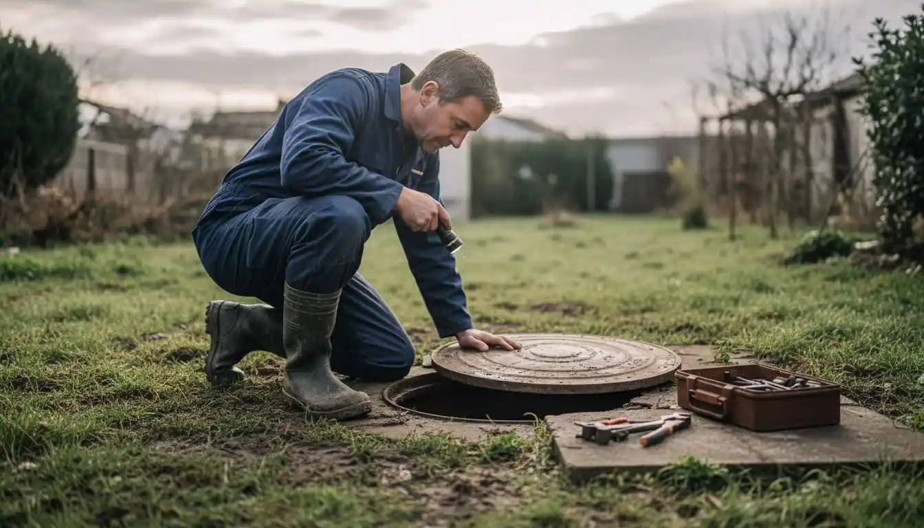 Un technicien procède à l’inspection d’une fosse toutes eaux ouverte.