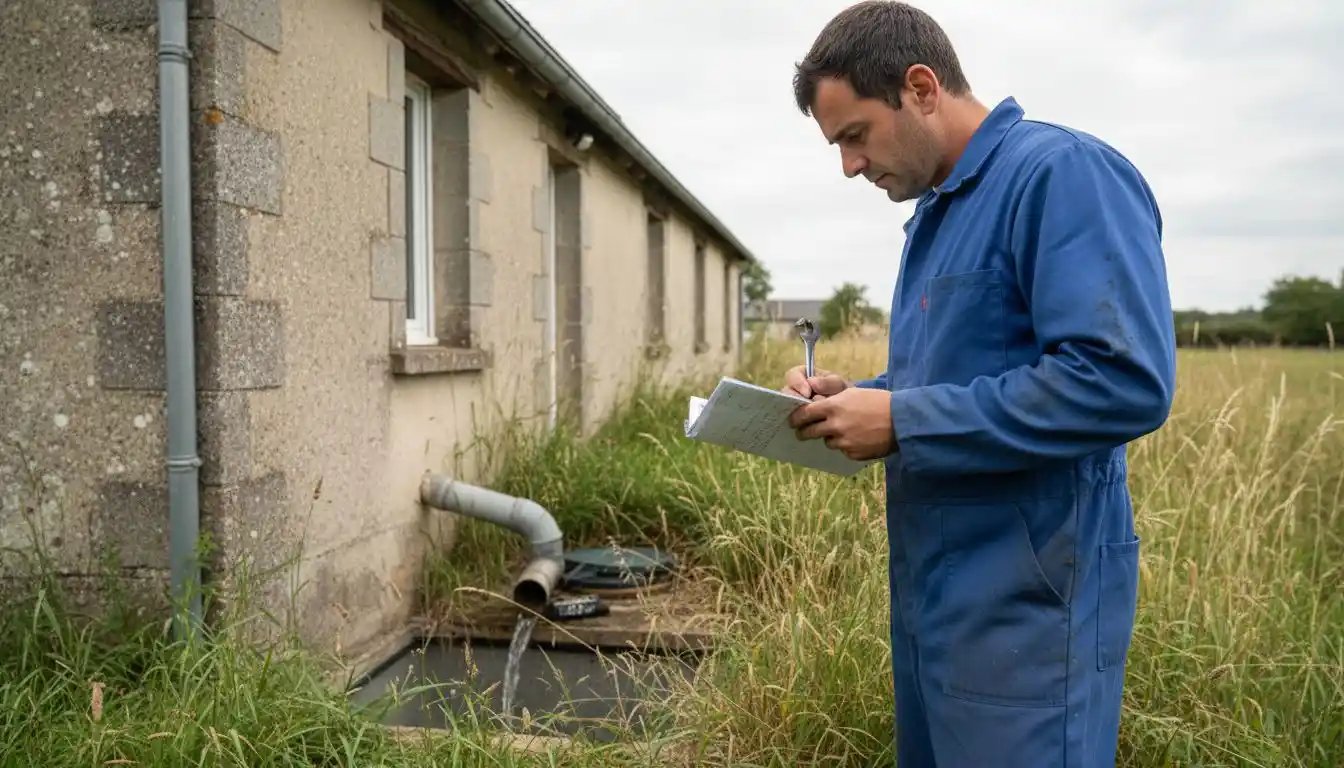 Un technicien procède au contrôle de l’accès à la fosse septique.
