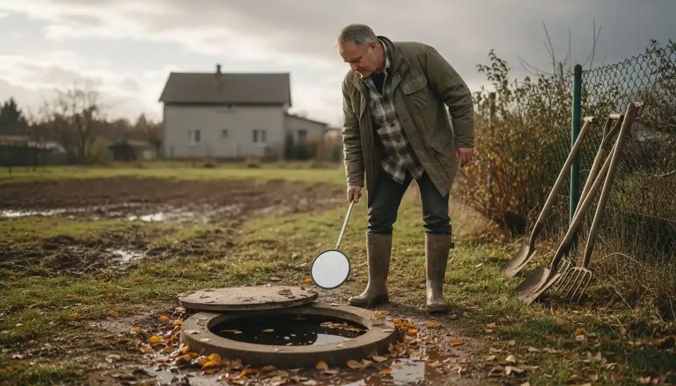 Une personne examine une fosse septique ouverte à l’extérieur.