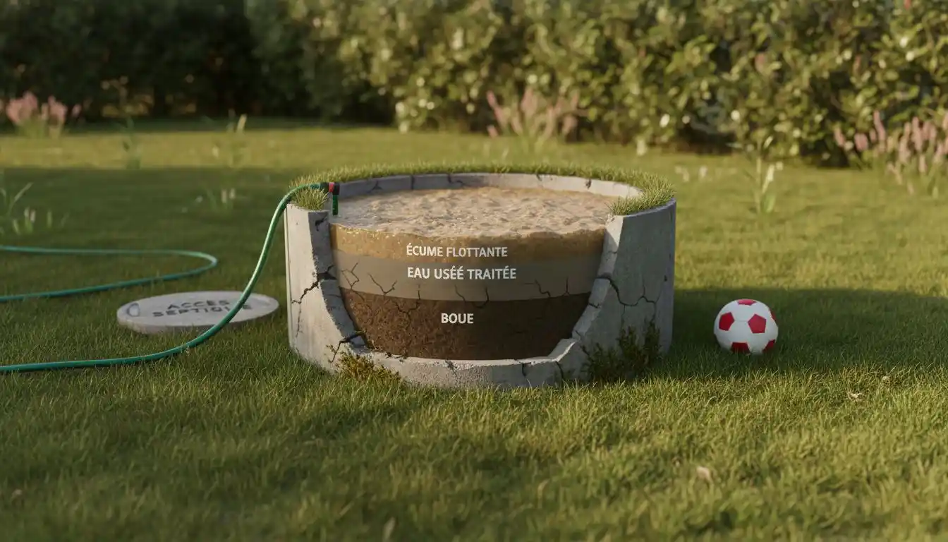 Vue en coupe des différentes couches d’une fosse septique